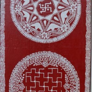 Dharma Nakshatra Taarak, universe, stars, cosmos, L, Luxmi, Laxmi, Vastu, pooja, painting, aipan, kumaon, red, hills, fabric painted, cotton cloth